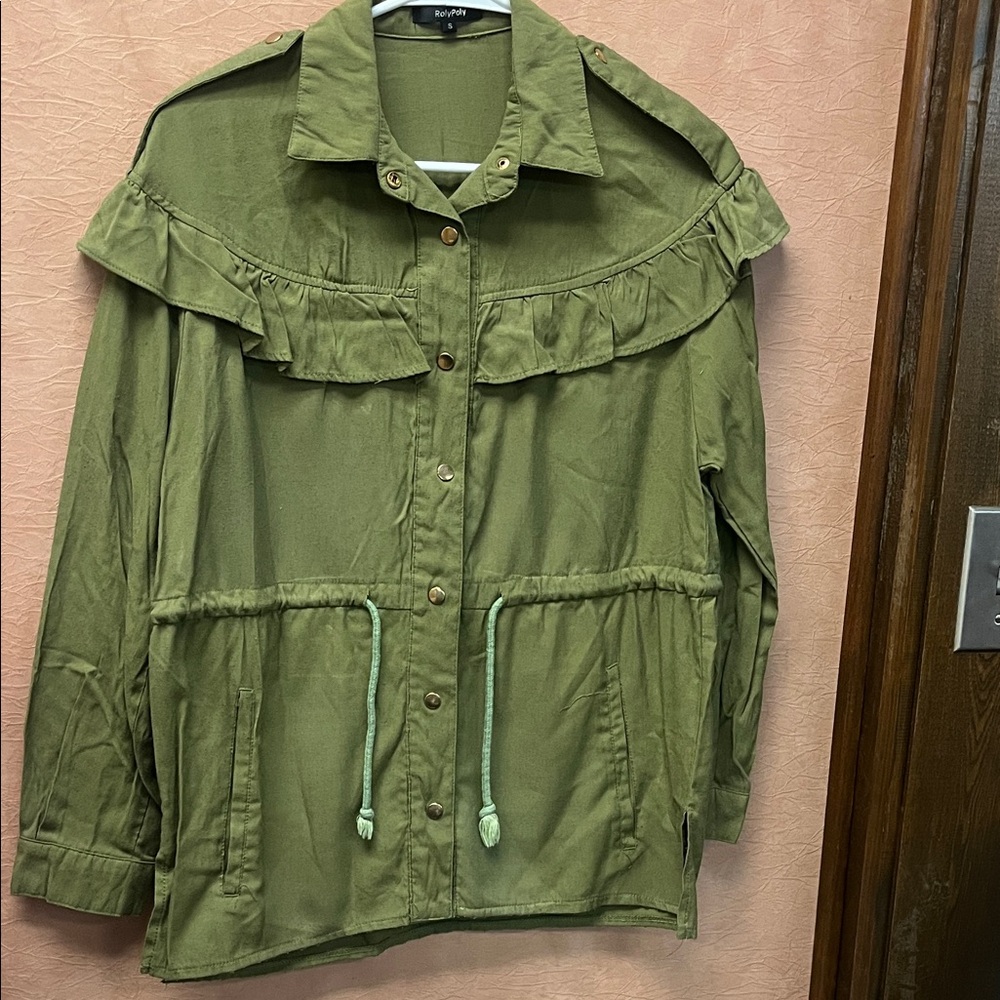 Roly Poly Olive Utility Jacket with Ruffle Trim gold tones green snaps
